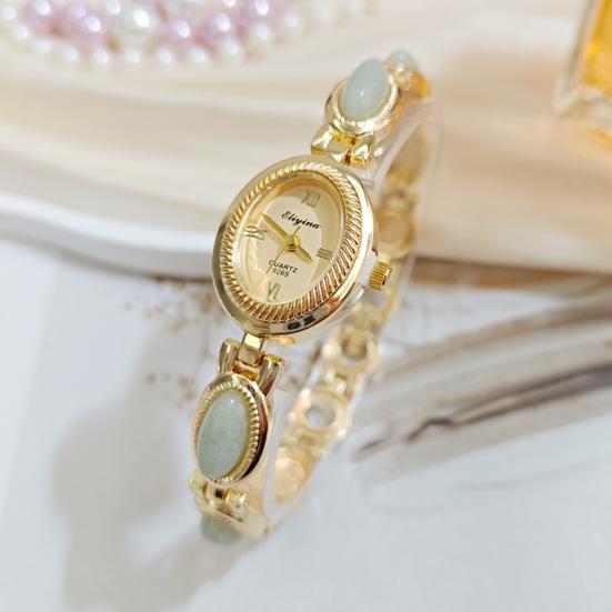 Ladies Vintage Bracelet Watch Retro Oval Dial Quartz Wristwatch Elegant Faux Gemstone Dress Watch for Office Date Party