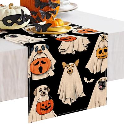Halloween Polka Dot Ghost Dog Pumpkin Linen Table Runner Party Decor Reusable Kitchen Dining Table Runners Halloween Decoration