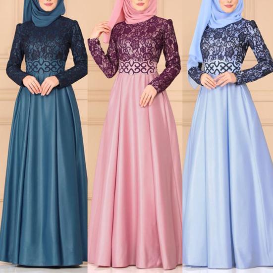 Vintage muslimské ženy krajkové patchworkové šaty Dubaj Kaftan bez hidžábu s dlouhým rukávem