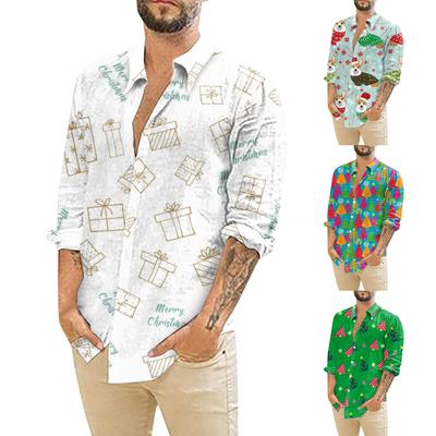 Men's Christmas Shirts Long Sleeve Floral Printed Button Up Tops Funny Cute  Graphic Dress Shirt