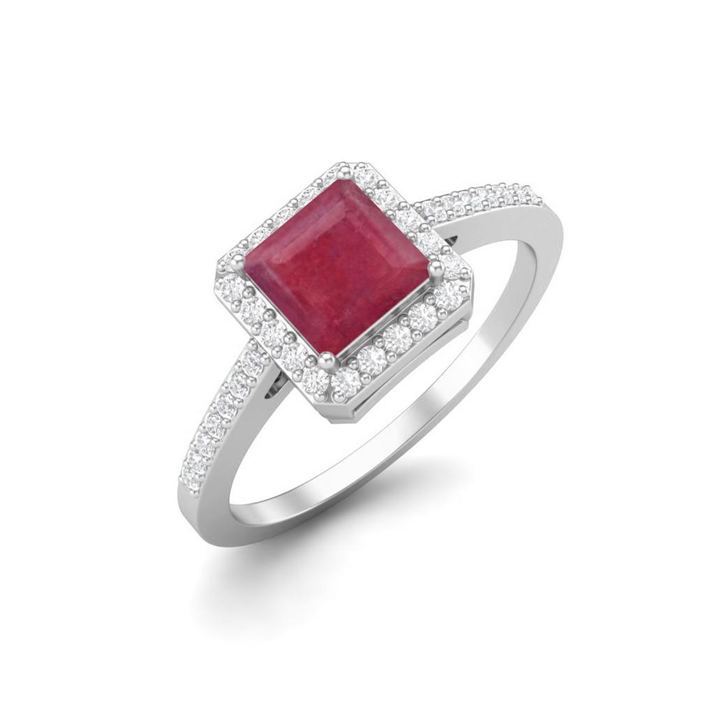 6MM Square Shape Ruby Halo Accent 925 Sterling Silver Wedding Engagement Ring
