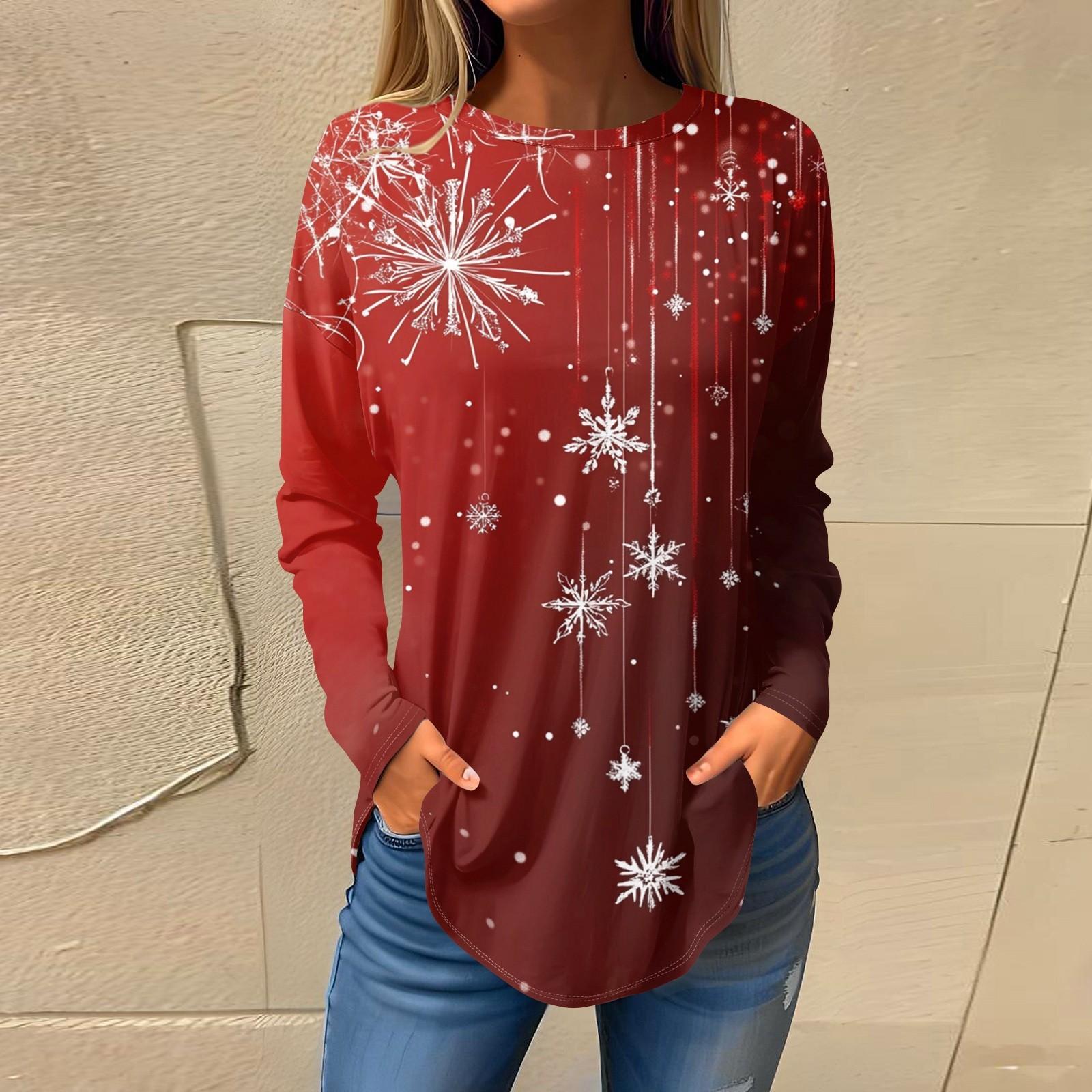 

Футболки для женщин, осенние повседневные рубашки с длинным рукавом, толстовки с винтажным графическим принтом, топы, пуловеры, рождественские XXL красный