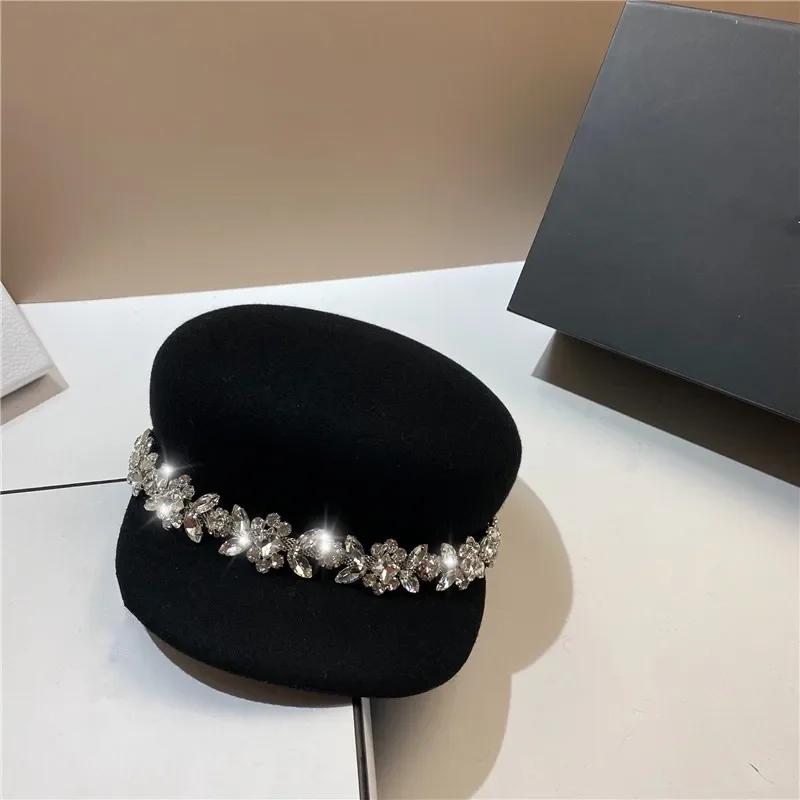 

chic elegant winter wool felt luxury large shiny rhinestone flowers chain lady Octagonal hat women visors cap One Size чорний