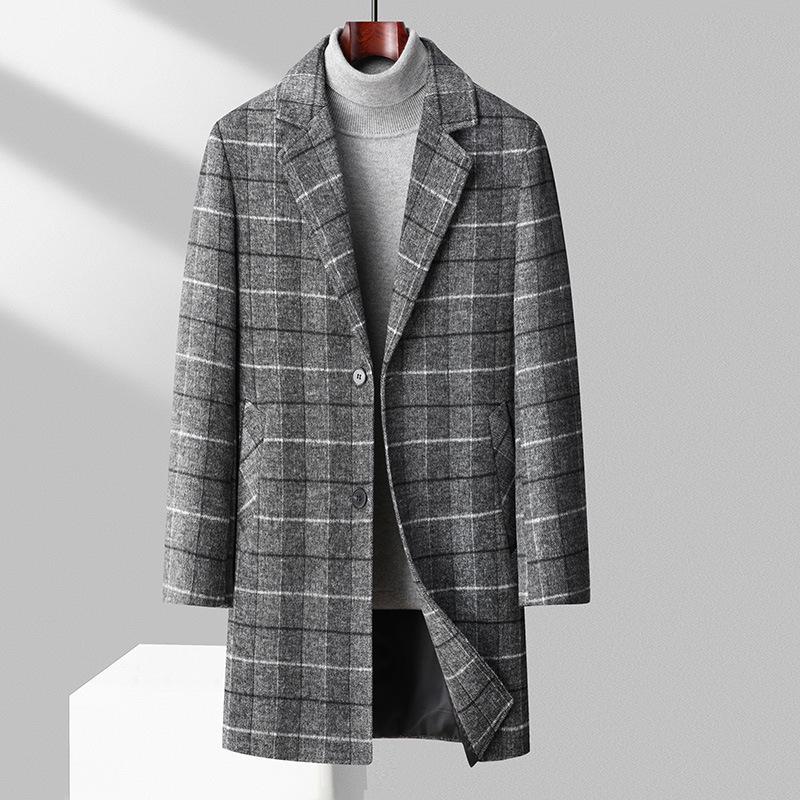 

Мужское шерстяное клетчатое пальто средней длины для осени/зимы - Business Casual, с добавлением хлопка, уплотненное. 3XL серый