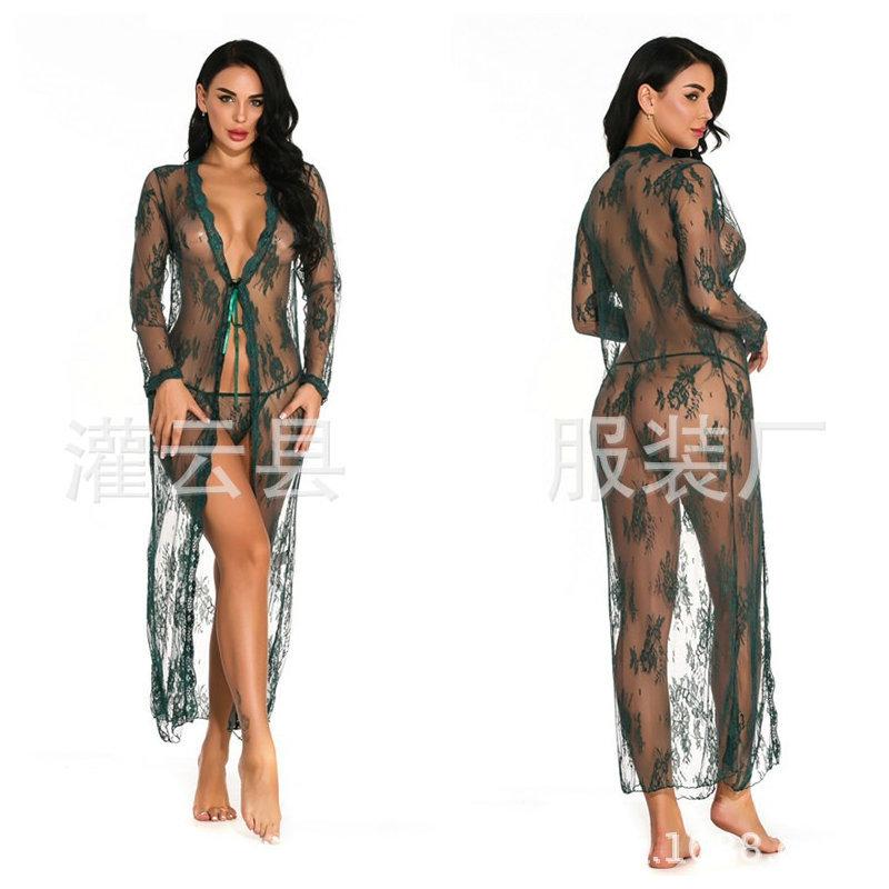 Sex underwear Sexy lace perspective long-sleeved nightgown large size black cardigan long skirt perspective