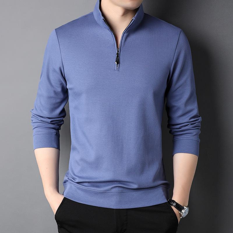 Jesienny męski T-shirt z długim rękawem Moda dla średniego wieku Casualowy stójka Zamek błyskawiczny Jednokolorowy top bazowy