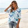 Women's Ocean Whale Starfish Shell Print V-Neck Tie Ruffle 3/4 Sleeve Blouse, Beach Vacation Top