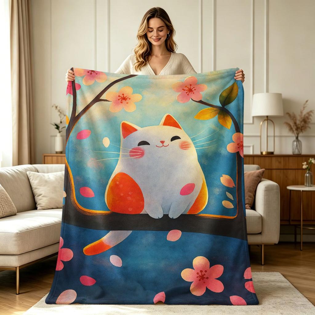 All Season Flannel Blanket Cute Cartoon Cat Cherry Blossom Print Soft Warm Lightweight Cozy Throw Blanket for Couch Sofa Bedroom Office Living Room Ho