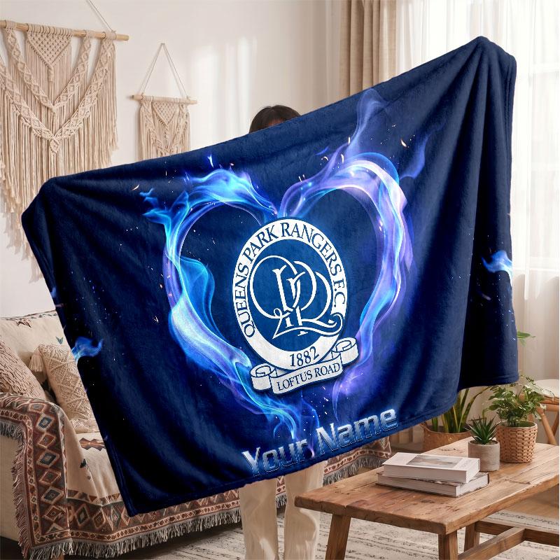 Queens Park Rangers Personalized Fleece Blanket With Football Logo, Custom Name Text Soft Warm Home Throw Blanket