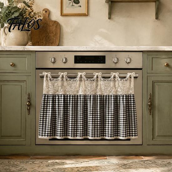 Dustproof Oven Handle Protector Farmhouse Stove Skirt, Plaid Crochet Lace Curtain, Rustic Kitchen Cabinet Decoration Skirt Curtain with Ties