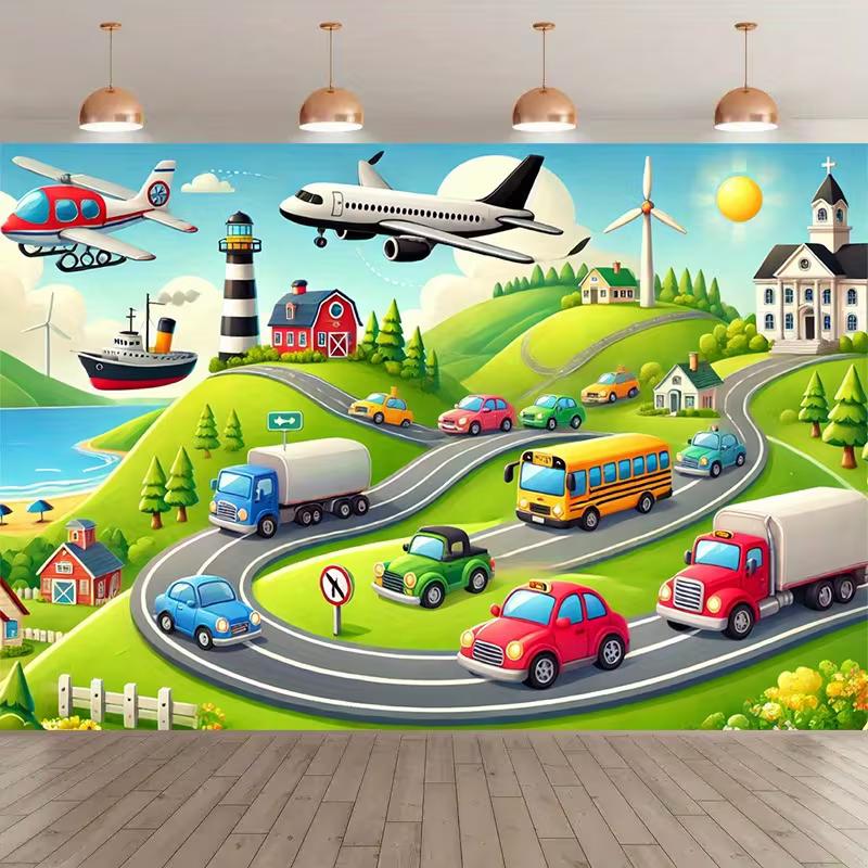

2D Cartoon Transportation Backdrop Kids Cars Planes Photography Background 47.2x31.5inch/120*80cm