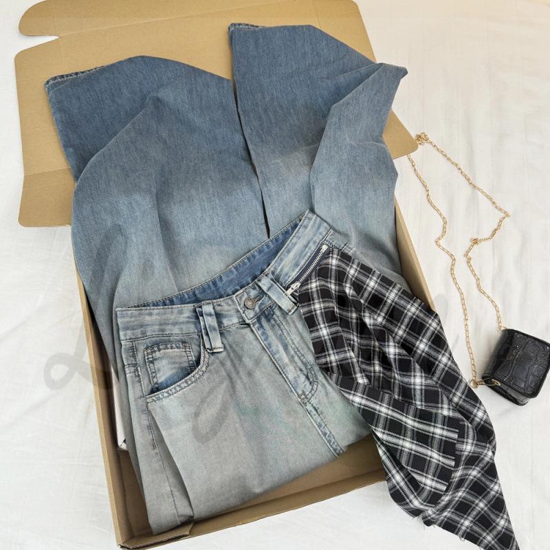 Korean Plaid Gradient Blue Ripped High Waist Wide Leg Denim Pants - Women s Trendy Style S