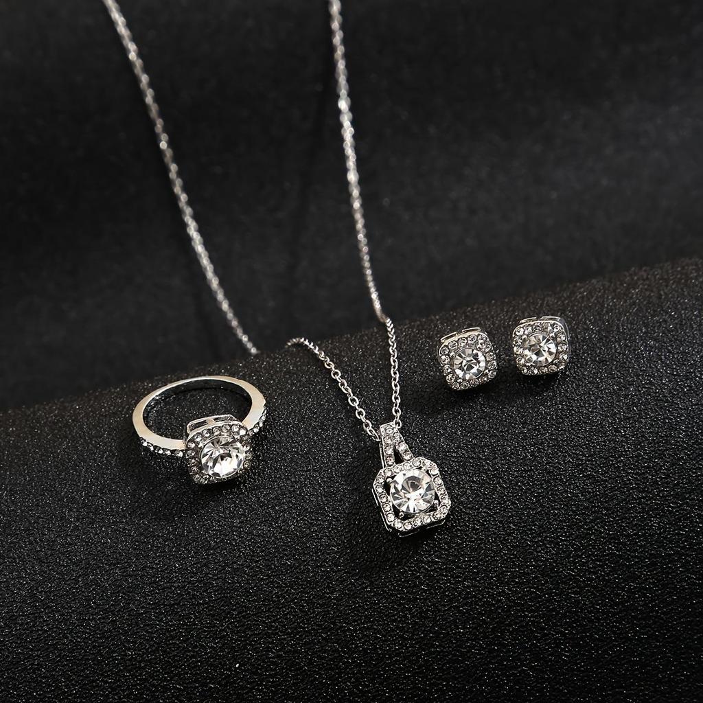 Stylish Zircon Jewelry Set: Square Cut Pendant Necklace, Stud Earrings, and Ring