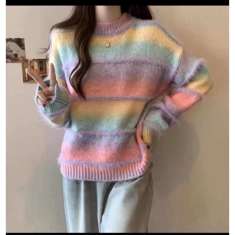 Autumn and winter new fashion gradual change color colorful fringed loose version thin versatile sweater knitted sweater top women