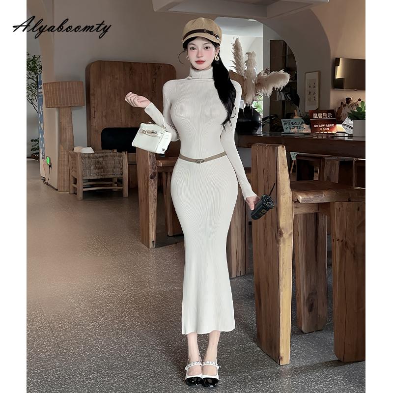 Herbst Winter Damen Pullover Midi Kleid Rollkragen Schwarz Blau Strickkleid Gestrickt Elegant Büro Dame A-Linien Kleid Mit Gürtel