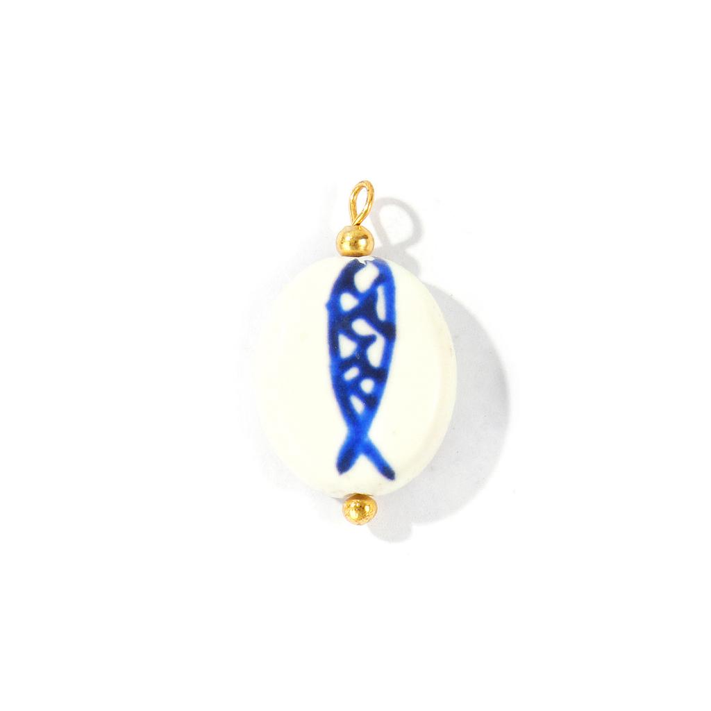 5pcs Ceramic Charms Oval Beads Dark Blue Double Sided Hand-Painted Fish Flower Conch Brass Pendants For DIY Necklace Making