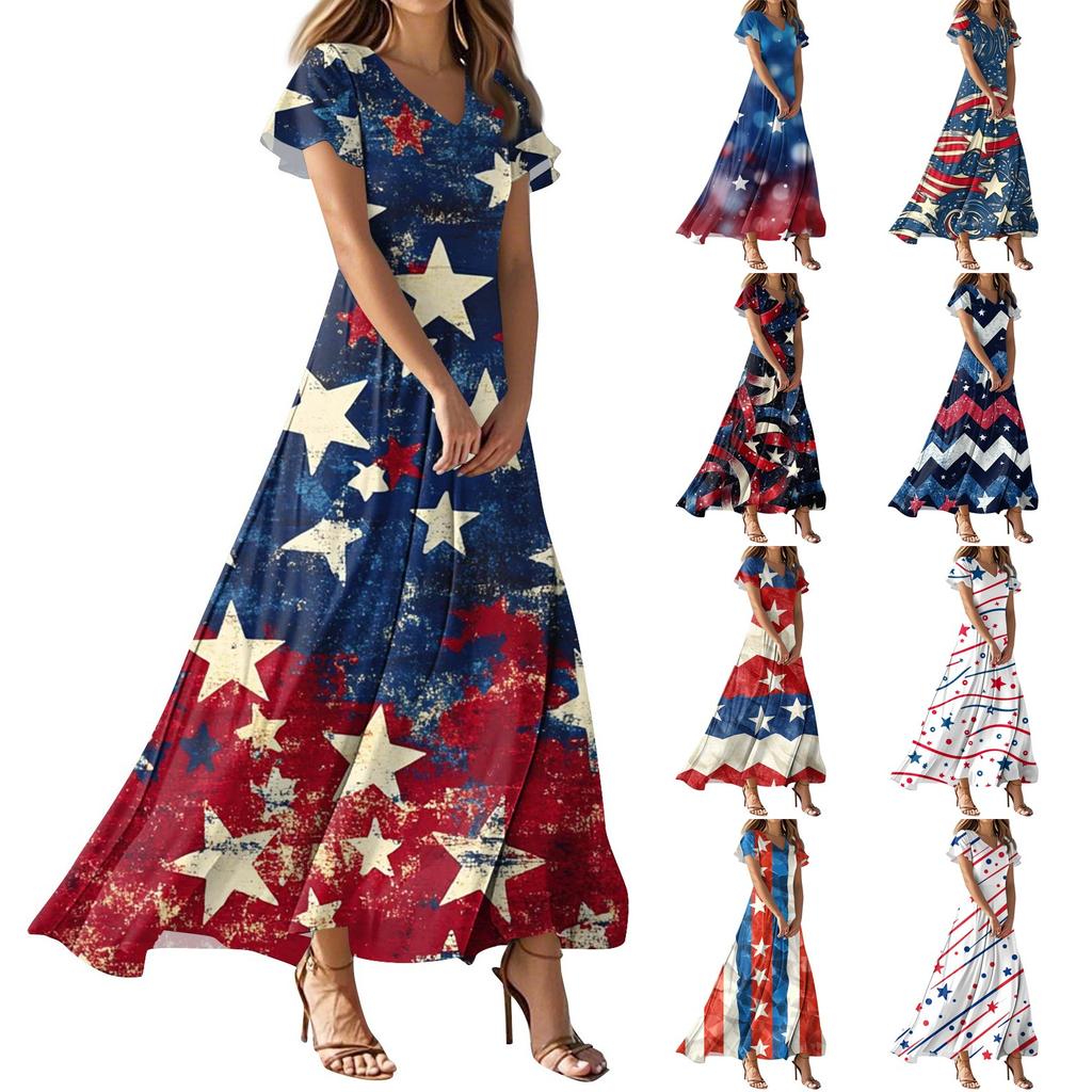 Women's Summer Casual Fashion Print Color Dresses V-Neck Short Sleeve Dresses
