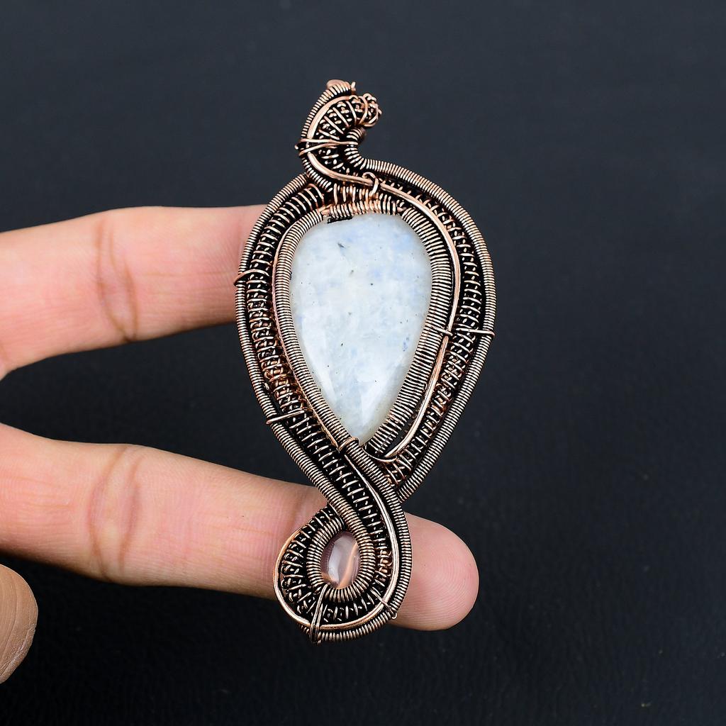 Natürlicher Regenbogen-Mondstein, Rosenquarzstein Kupferdraht-Wickelanhänger 3,54 w3U04