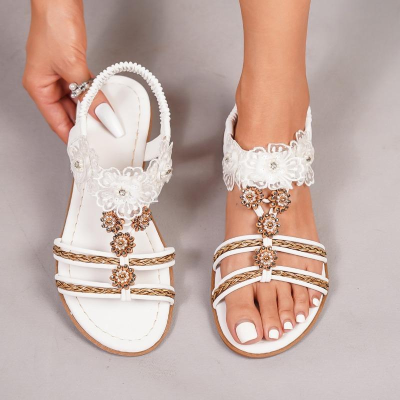 Women's Sandals Summer New Large Size Elastic Overfoot Flat Flower Casual