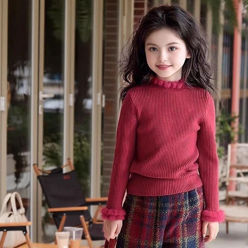 Girls Semi Turtleneck Fleece Lined Knit Sweater Ruffle Trim Thick Warm Pullover Top