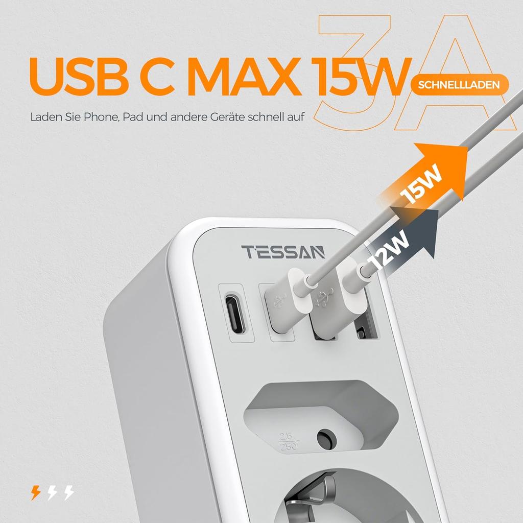 Tessan 6 In 1 Travel Adapter Thailand with 2 USB C and 2 USB A, Socket Adapter Travel Plug Power Adapter for America Canada Thailand Mexico
