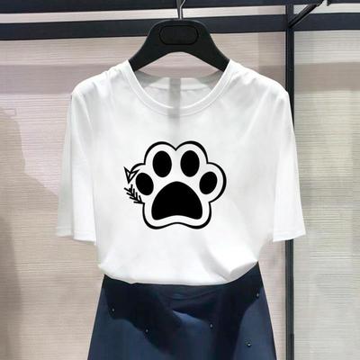 (Asian Size) Fashion Print Female Paw Love Cat Pet Dog Love Casual Women's Top Casual T Clothing Graphic Tee Short Sleeve T-shirt