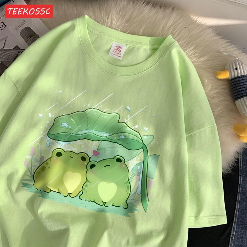 

Модные хлопковые женские футболки с принтом двух лягушек, прячущихся от дождя, с коротким рукавом, мягкие, свободные, с круглым вырезом, уличная женская одежда XL