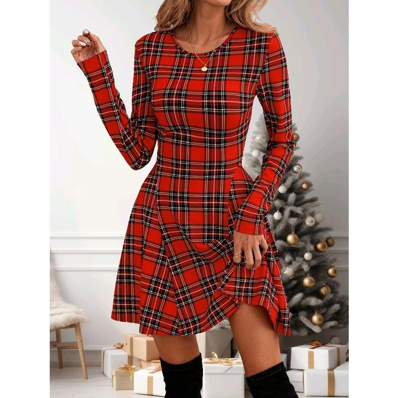 Women's Cute Red Plaid Long Sleeve Dress, Christmas - Vibe Swing Mini Dress, Super Comfy for Holiday Parties & Daily Wear