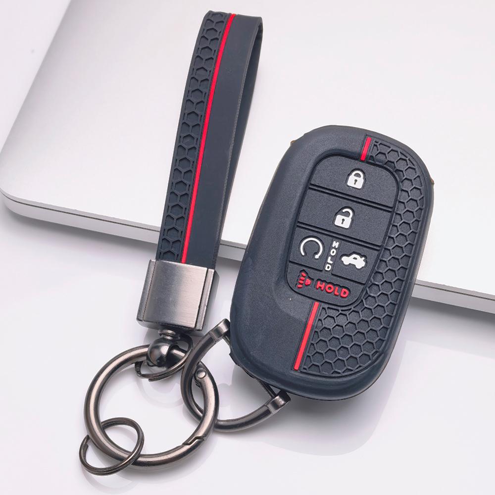 Silicone Car Key Fob Cover for Honda Civic Accord Inspire HRV CRV Pilot Odyssey ZR with Keychain Honeycomb Texture Racing Stripe Car Remote Key Sleeve