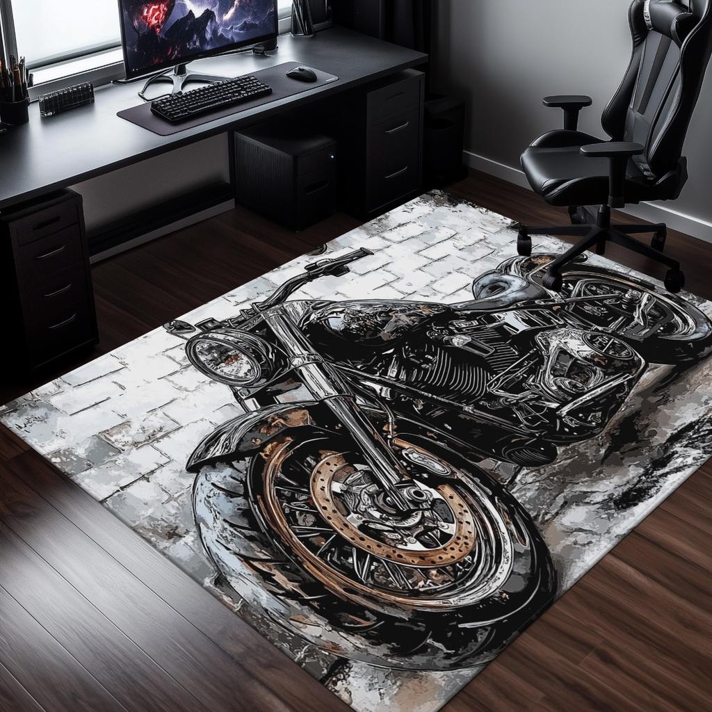 800g/m² Black Motorcycle HD Printed Carpet, Kitchen Rugs, Yoga Mat, Non-Slip Bathroom Mats, Absorbent Washable Polyester Rug for Bathroom, L