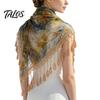 French Aesthetic Head Scarf Women Triangular Shawl with Tassel, Hollow Lace Wrap Retro Oil Soft Polyester Neck Kerchief Painting Print, Breathable