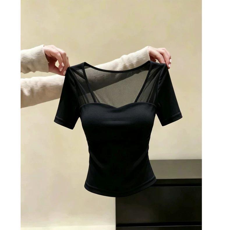 French pure desire style retro splicing gauze design square neck short-sleeved T-shirt women's summer new temperament top