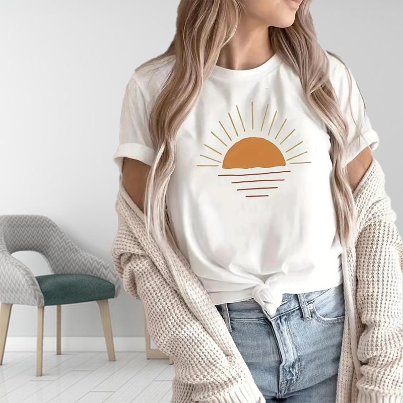 Women Summer T Shirt  Print  Sunrise Short Sleeve Tees Casual   Printed  Tops