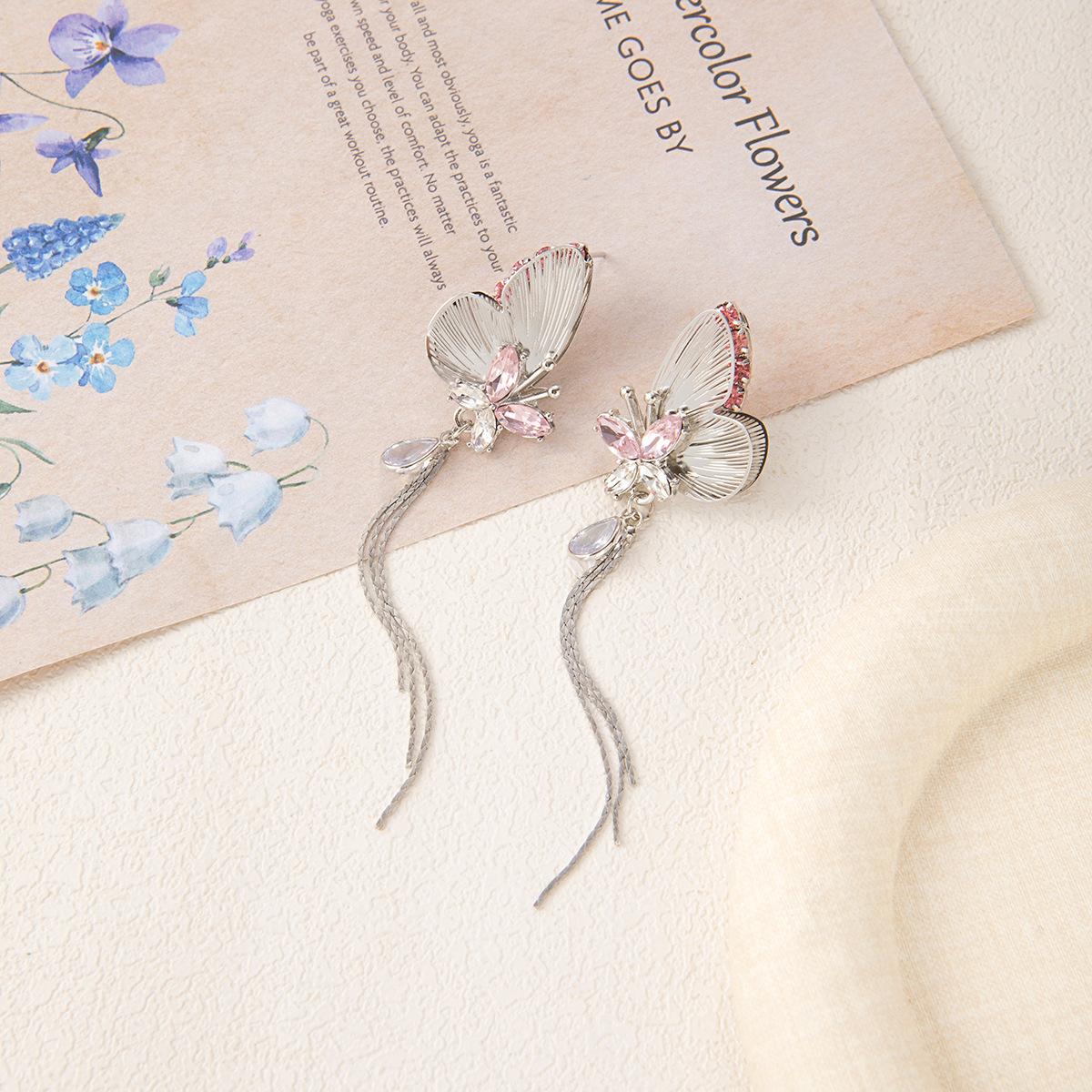 Серебряная игла супер-фея кисточка сияющие розовые объемные бабочки гвоздики тяжелая промышленность легкая роскошь высокая чувственность уникальные нишевые серьги