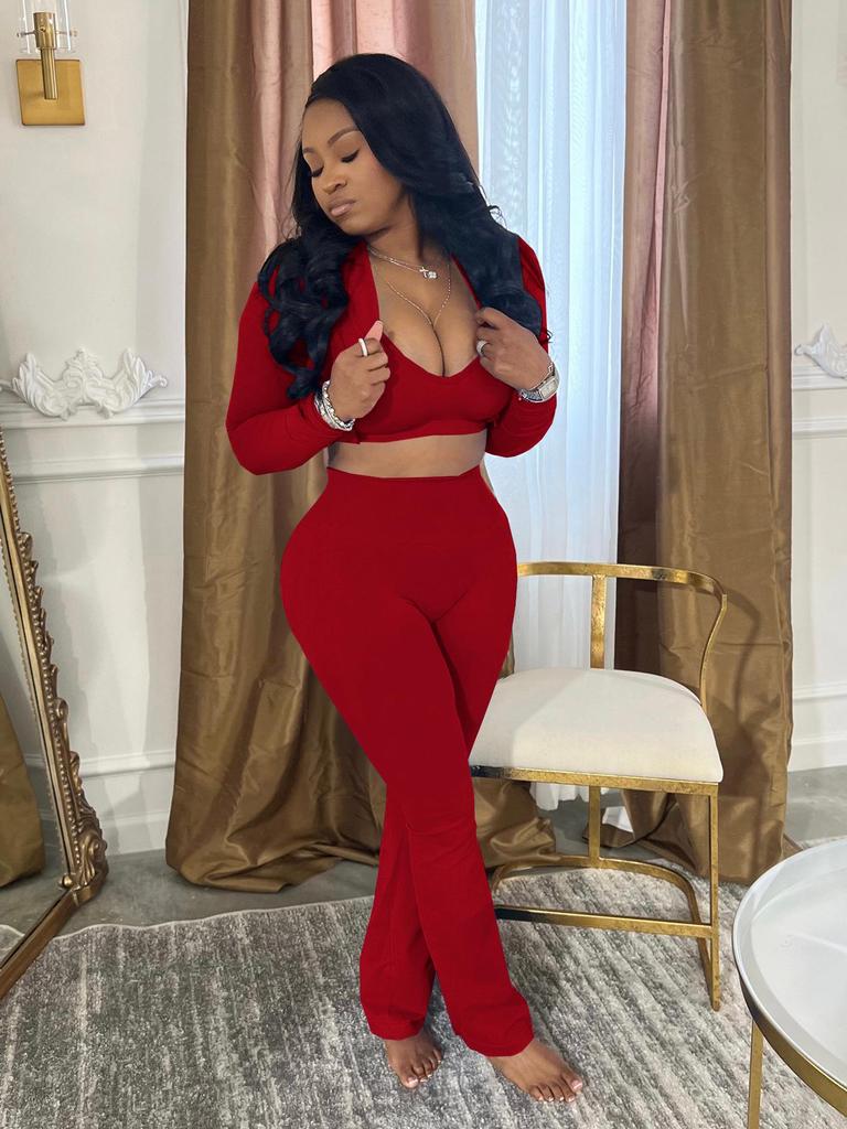 TW492 Stilvolles Dreiteiler-Set für Damen: Einfarbiges Sexy Cropped Lässiger Sportanzug