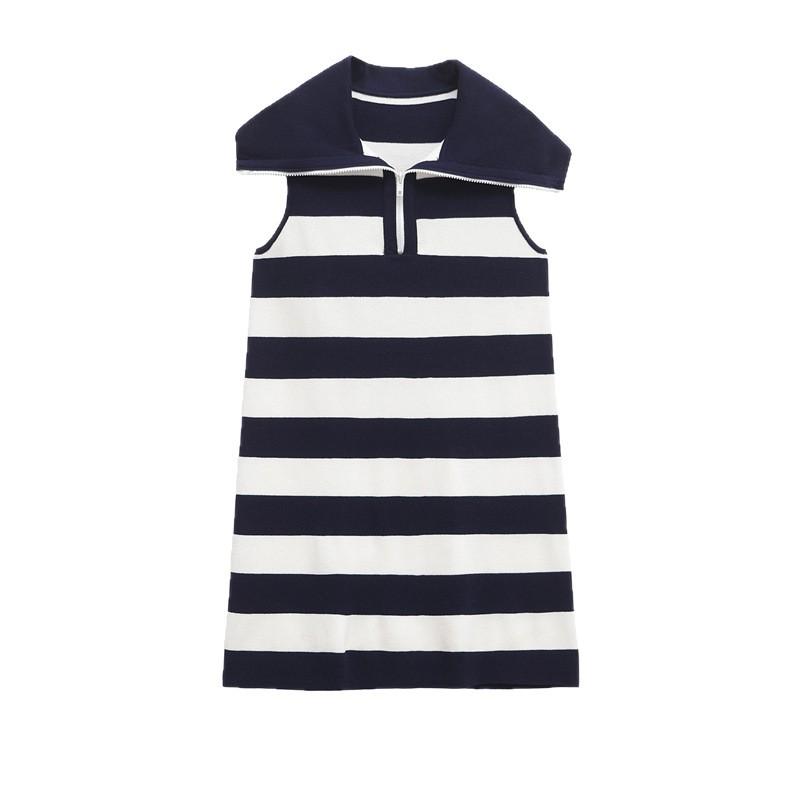 2026 New Women's European & American Style Striped Sleeveless Knit Lapel Dress