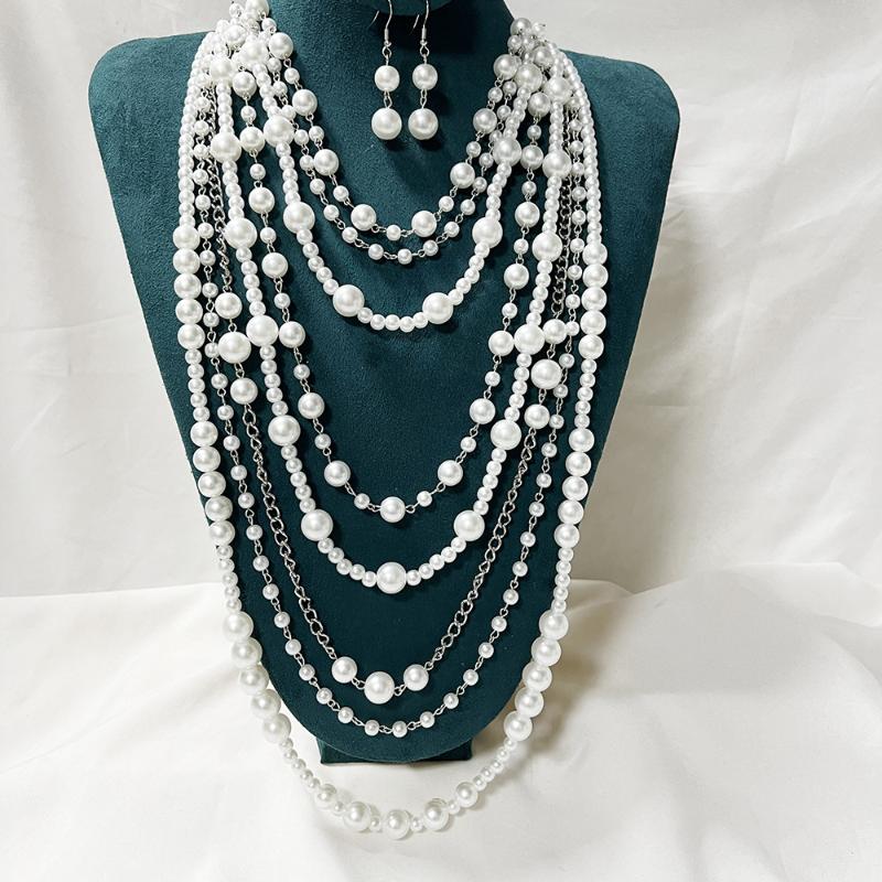 Elegant Multilayer Simulated Pearls Necklace And Earrings Set For Women Long Necklace Fashion Jewelry Accessories