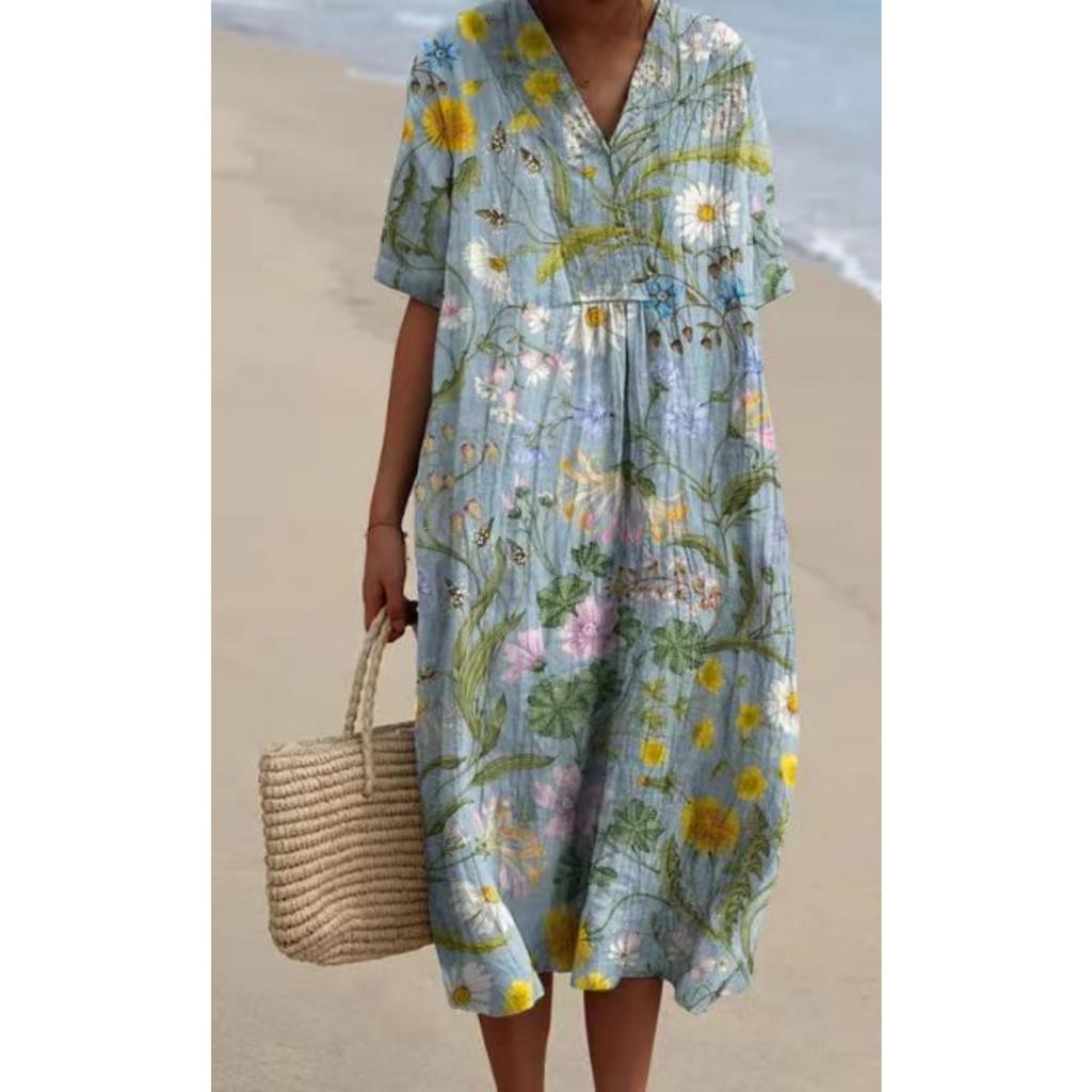 Women's V Neck Short Sleeve Slim Fit Floral Print Long Dress Casual Summer Dress