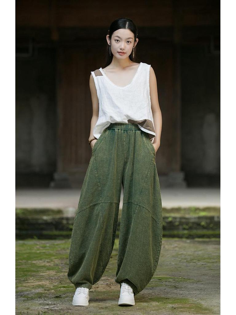 Pantaloni larghi a lanterna in ramiè effetto invecchiato da donna - Cotone e lino retrò per meditazione e Tai Chi