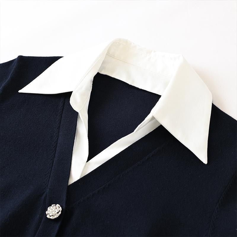 Women's Colorblock Faux Two-Piece Knitted Polo Top - Long-Sleeved, Autumn 2025, Casual & Elegant.