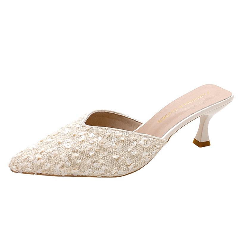 Baotou half slippers women's outer wear 2025 new pointed high heels women's thin heels versatile sequins fashion Mill shoes
