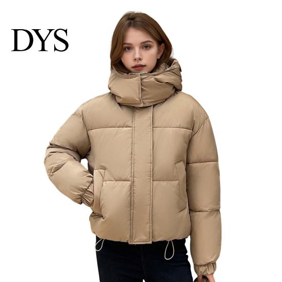Short Cotton Jacket Winter Women Stand Collar with Hood Neck Protection Type Pockets Zipper Closure Padded Coat Solid Color Windproof Outwear Parka