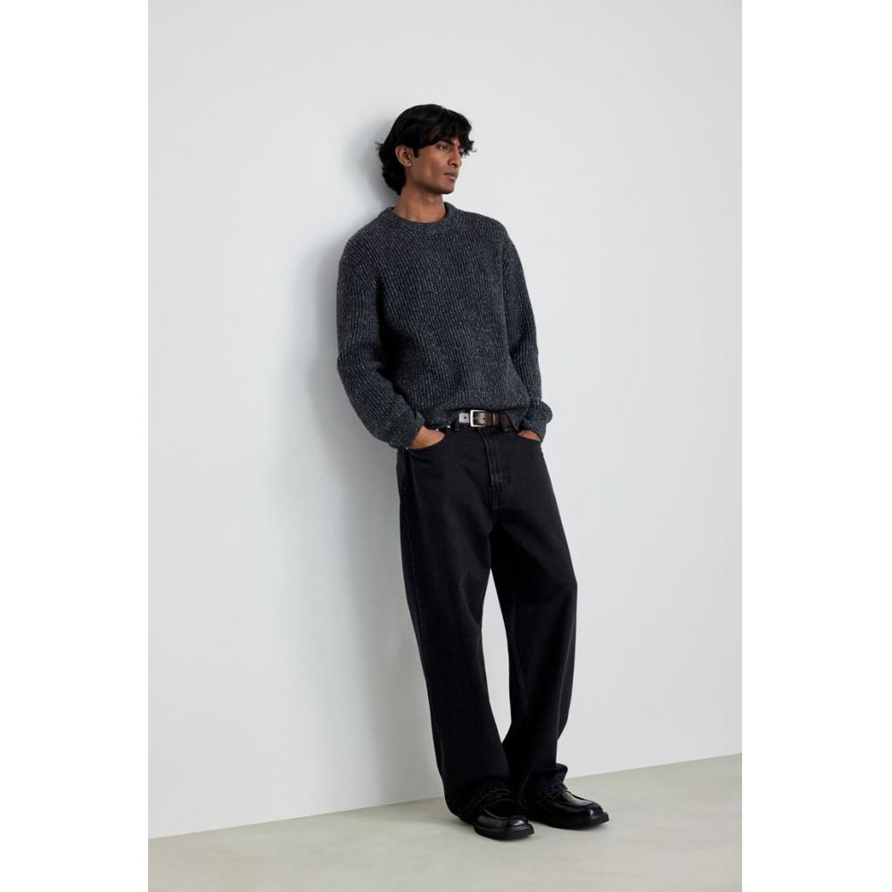 

H M Rib Knit Sweater Regular Fit Dark Grey Melange S