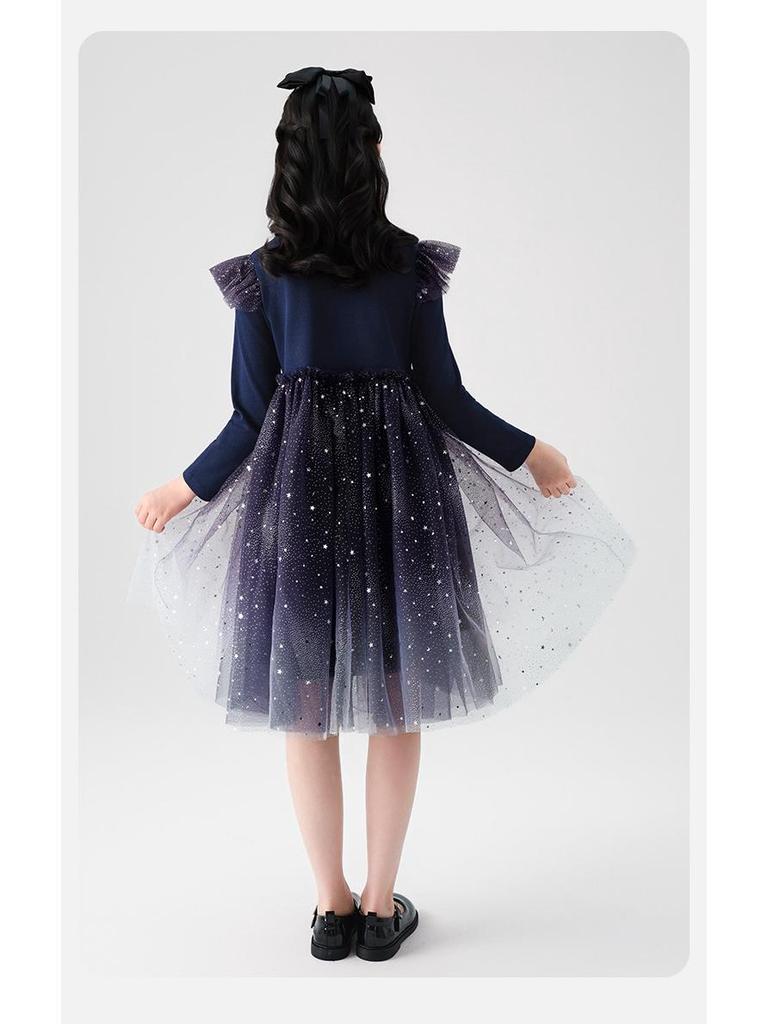 Verträumtes Sternenhimmel-Farbverlaufs-Netzkleid: Prinzessinnenkleid mit Herzchen und Strasssteinen für Mädchen