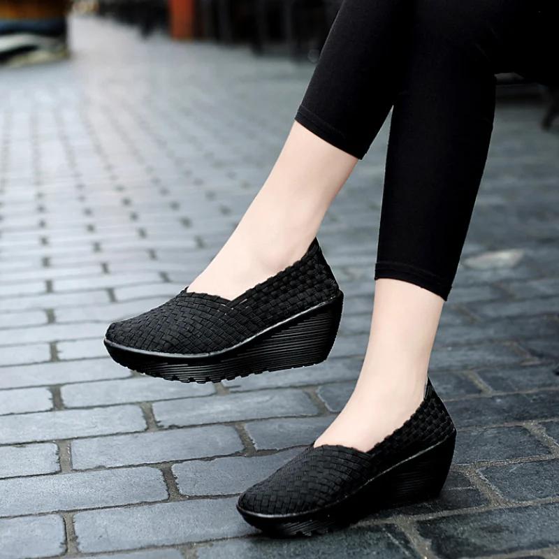 New Women's Plus Size 35-42 Women's Wedge Thick Soled Sports Shoes Fashionable Woven Hollow Women's Loafers Slip On Casual Shoes