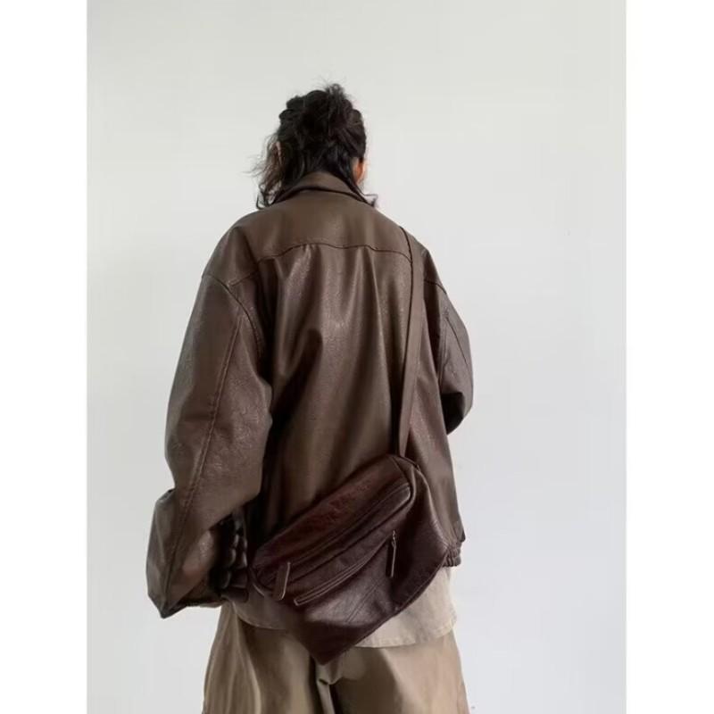Men's Spring and Autumn Personalized Retro Biker PU Leather Jacket Solid Color Lapel Top