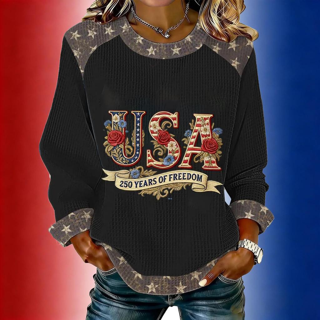Women's long-sleeved fashionable casual everyday Independence Day printed top