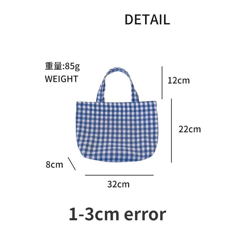 Portable Women's Bento Handbags Simple Plaid Ladies Small Tote Purse Shoulder Bags Retro Female Cloth Reusable Shopping Bag