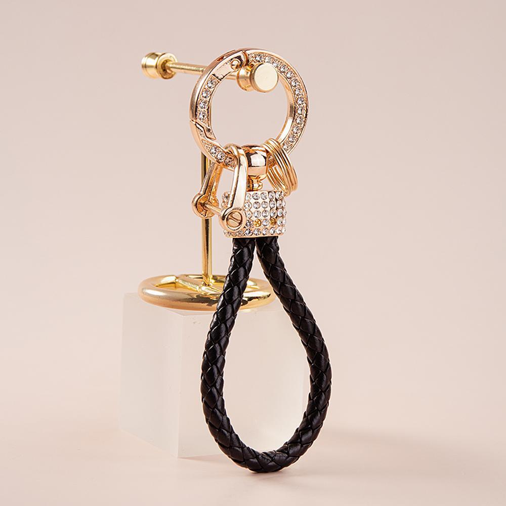 1pc Handcrafted Braided Rope Keychain Sparkling Rhinestones - Stylish Monochrome Car Key Ring Fashion-Forward Accessory