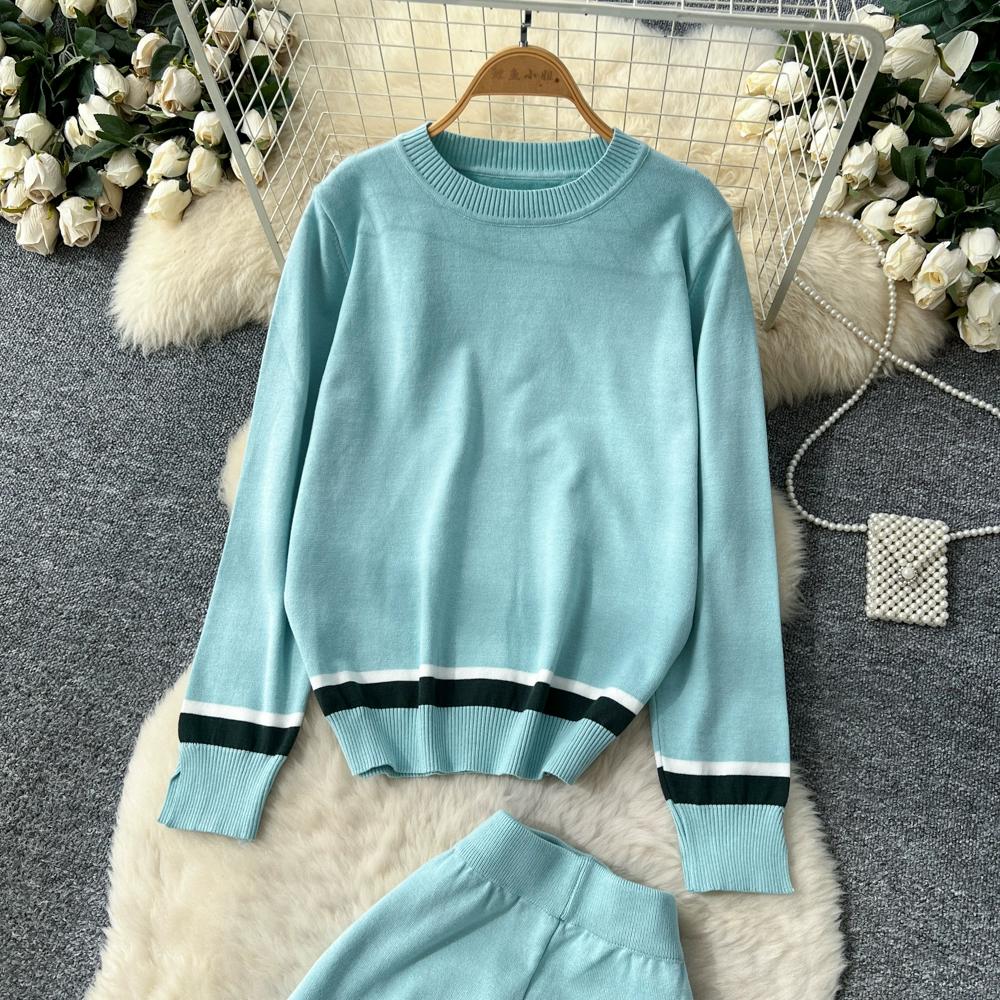 Herbst Winter Damen Lässig Gestrickter Pullover Hose Zweiteiler Langarm Pullover Oberteile und Weitbein Hose Trainingsanzug